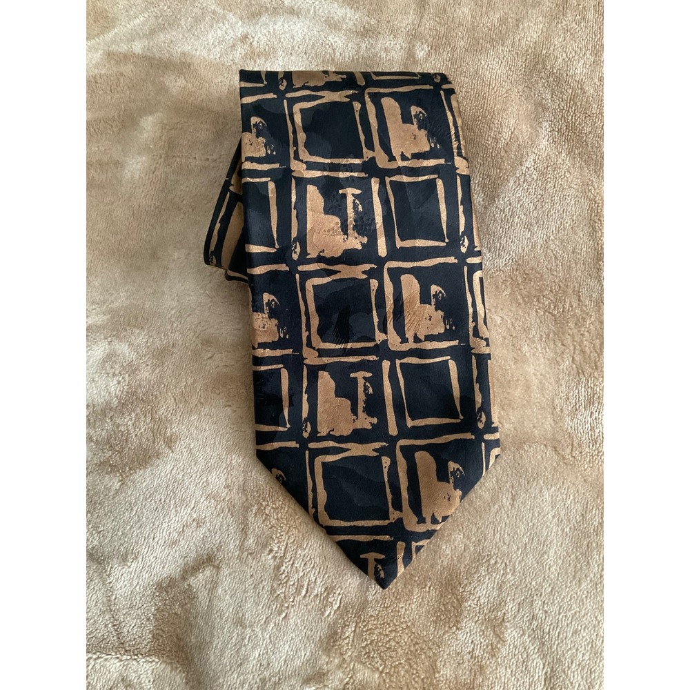 Contissima Mens Silk Tie Black Gold Geometric Square Pattern Hand Made X-Long